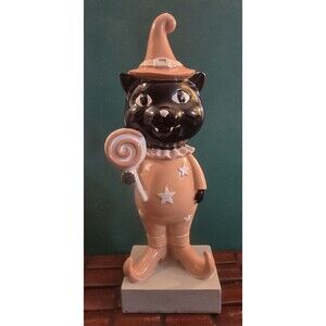 Black Cat In Vintage Style Witch Costume w/ Lollipop Halloween Figurine 12" Tall
